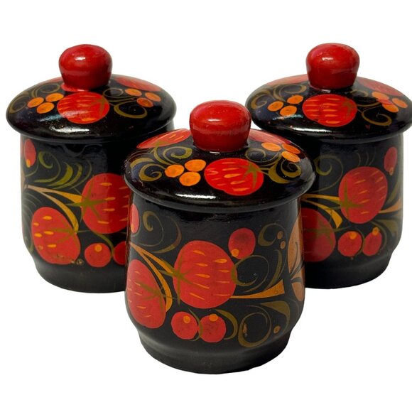 Russian Khokhloma Hand Painted Folk Art VTG 3Pc Lidded Spice Trinket Containers - Picture 1 of 13